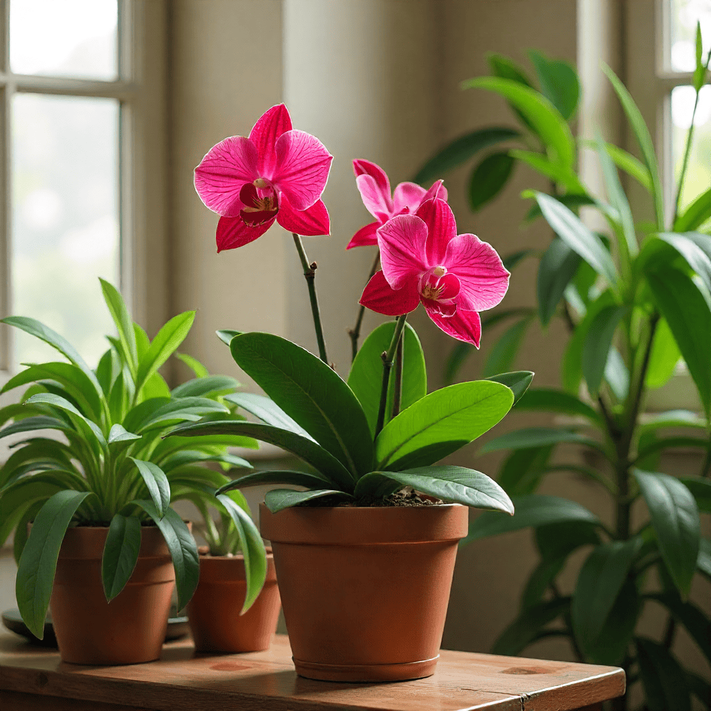 Kukkivia huonekasveja puupöydällä