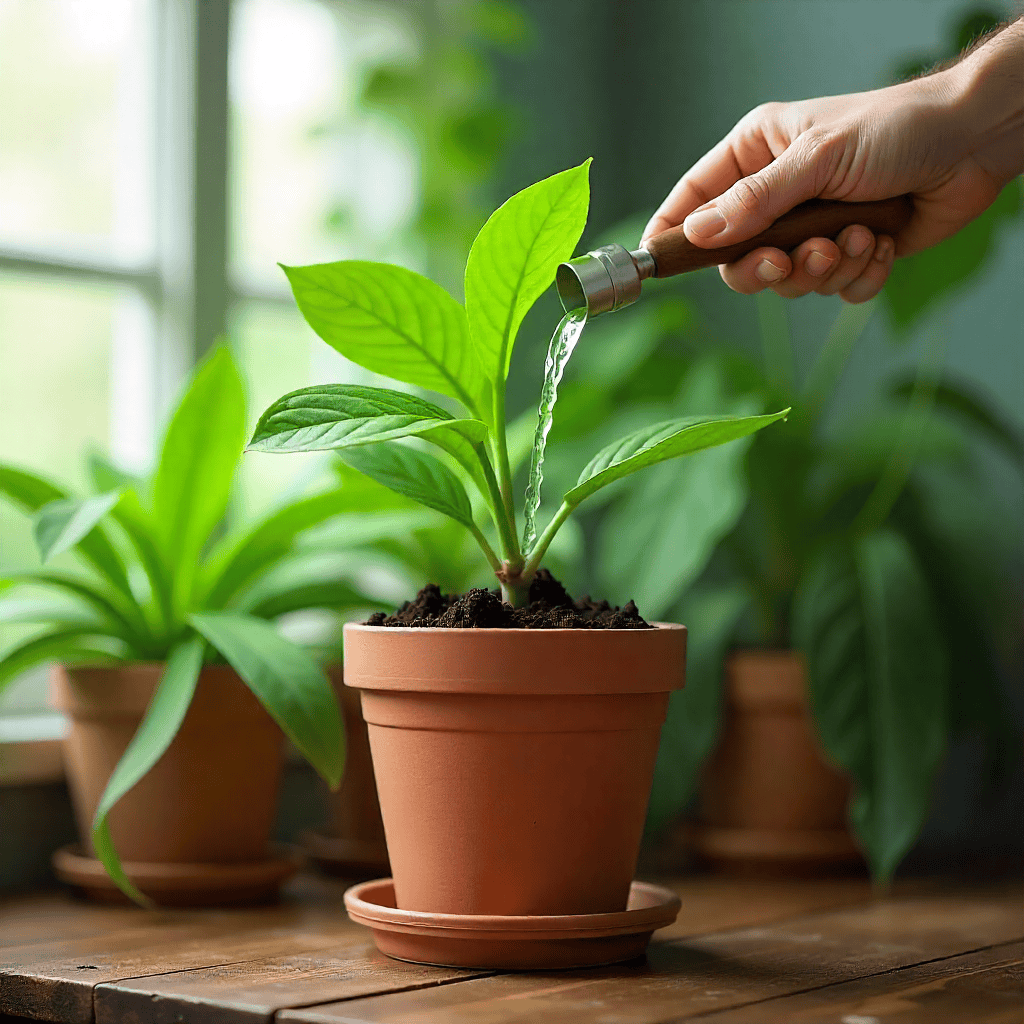 Henkilö kastelemassa huonekasveja sumutinpullolla